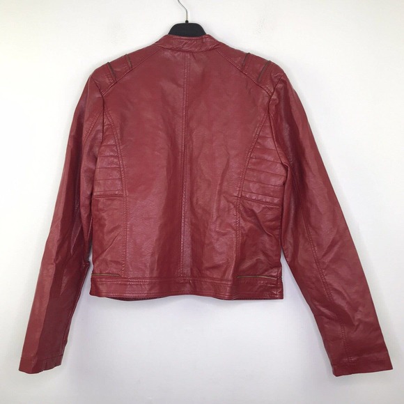 Daytrip Women's Large Moto Jacket Faux Leather Zip Up Pockets Red Solid - Picture 5 of 5